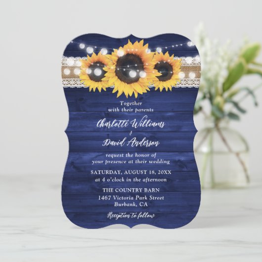 Rustic Navy Blue Sunflower Wood Wedding 招待状 (スタンド正面)