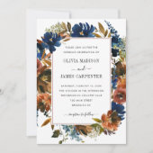 Rustic Navy Blue Terracotta Floral Fall Wedding 招待状 (正面)