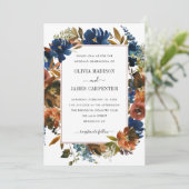 Rustic Navy Blue Terracotta Floral Fall Wedding 招待状 (スタンド正面)