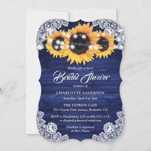 Rustic Navy Blue Wood Lace Sunflower Bridal Shower 招待状 (正面)