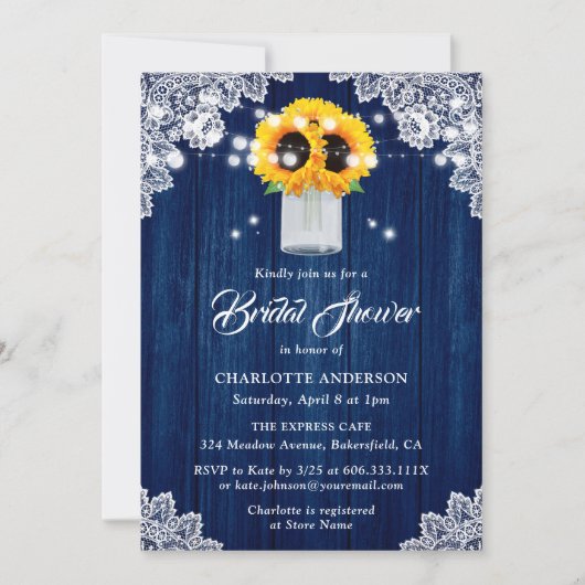 Rustic Navy Blue Wood Lace Sunflower Bridal Shower 招待状 (正面)