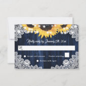 Rustic Navy Blue Wood Lace Sunflower Wedding 出欠カード (正面)