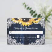 Rustic Navy Blue Wood Lace Sunflower Wedding 出欠カード (スタンド正面)