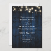 Rustic Navy Blue Wood String Light QR Code Wedding 招待状 (正面)