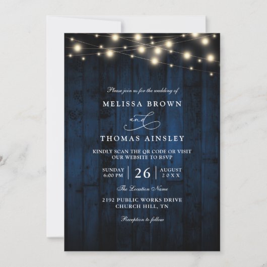 Rustic Navy Blue Wood String Light QR Code Wedding 招待状 (正面)