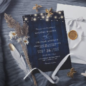 Rustic Navy Blue Wood String Light QR Code Wedding 招待状