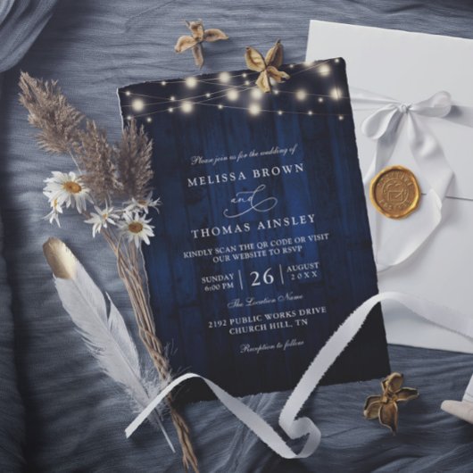 Rustic Navy Blue Wood String Light QR Code Wedding 招待状