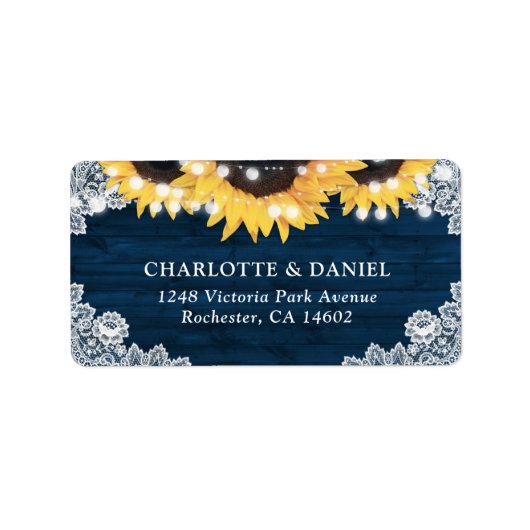 Rustic Navy Blue Wood Sunflower Address Labels ラベル (正面)