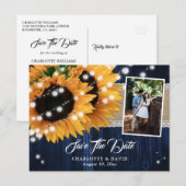 Rustic Navy Blue Wood Sunflower Wedding Photo 案内ポストカード (正面/裏面)