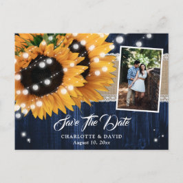 Rustic Navy Blue Wood Sunflower Wedding Photo 案内ポストカード