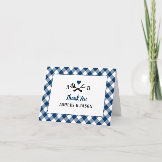 Rustic Navy Gingham Plaid BBQ Wedding Monogram サンキューカード (正面)