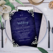 Rustic Navy Wood Baby's Breath Floral Wedding 招待状