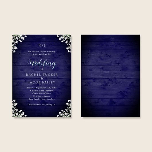 Rustic Navy Wood Baby's Breath Floral Wedding 招待状