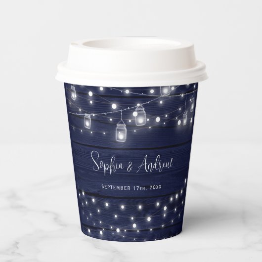 Rustic Navy Wood Mason Jars Lights Wedding 紙コップ (裏面)