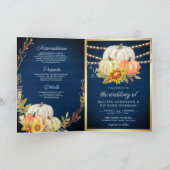 Rustic Navy Wood Sunflower Pumpkin QR Code Wedding 招待状 (内部)