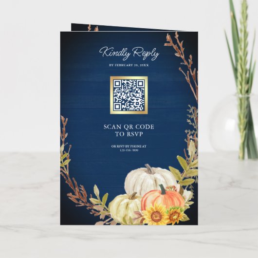 Rustic Navy Wood Sunflower Pumpkin QR Code Wedding 招待状 (裏面)