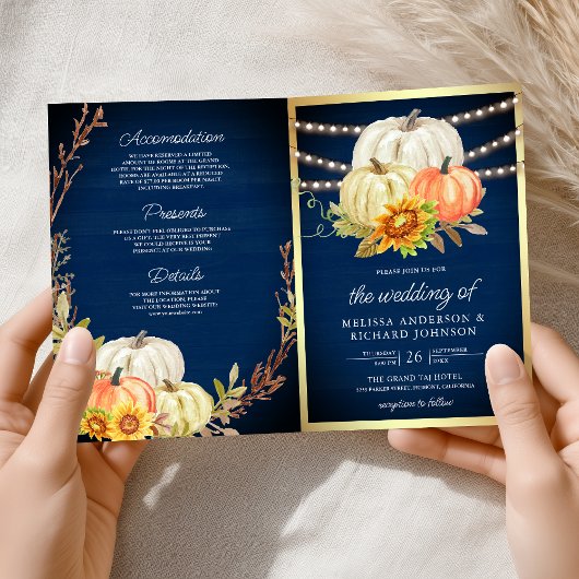 Rustic Navy Wood Sunflower Pumpkin QR Code Wedding 招待状