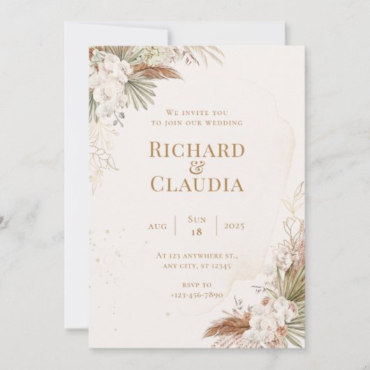 Rustic Neutral Boho Floral & Elegant Wedding 招待状 (正面)