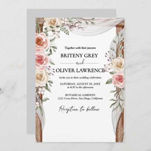 Rustic Neutral Boho Floral Wedding 招待状 (正面/裏面)