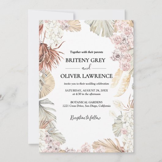 Rustic Neutral Boho Floral Wedding 招待状 (正面)