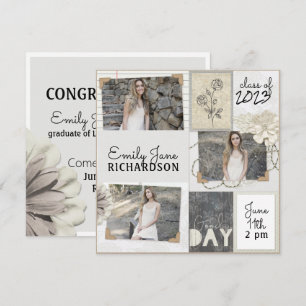 Rustic Neutral Ivory Floral Photo Graduation Girl 案内状