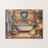 Rustic Night Spa Cozy Bathhouse Candles & Flowers ジグソーパズル (横)