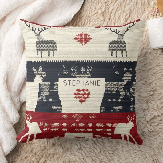 Rustic Nordic Reindeer & Snowflake | Knit Pattern クッション (ブランケット)