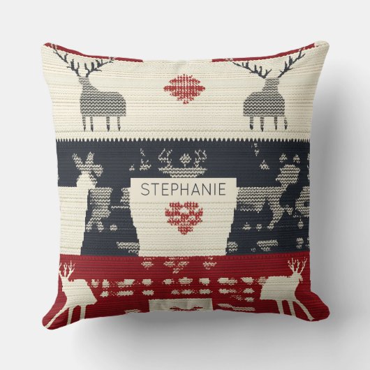 Rustic Nordic Reindeer & Snowflake | Knit Pattern クッション (裏面)