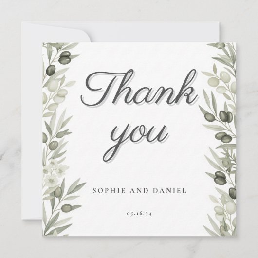 Rustic Olive Branch and Floral Wedding Thank You サンキューカード (正面)