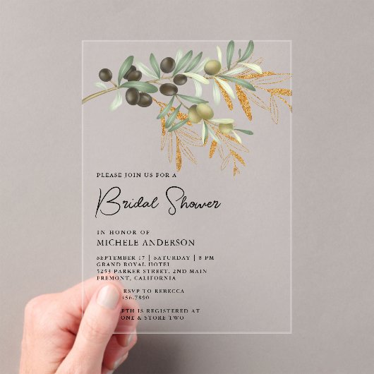 Rustic Olive Branch Leaves Bridal Shower アクリル招待状 (インサイチュ (ポータブル))