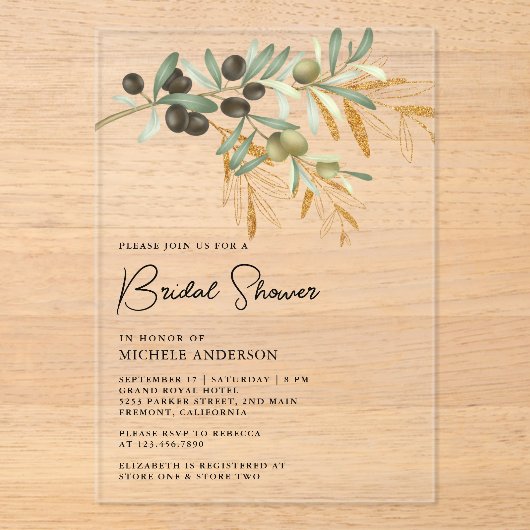 Rustic Olive Branch Leaves Bridal Shower アクリル招待状 (正面)