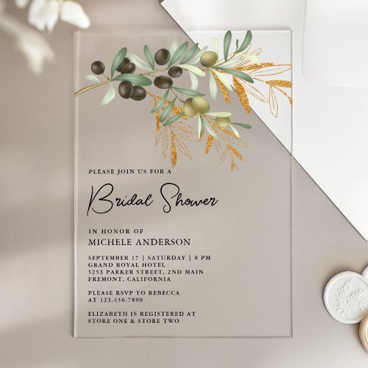 Rustic Olive Branch Leaves Bridal Shower アクリル招待状