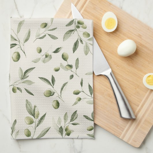 Rustic Olive Branch Mediterranean Pattern キッチンタオル (四つ折り)