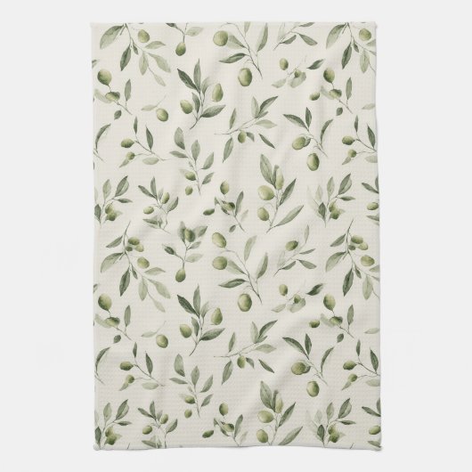 Rustic Olive Branch Mediterranean Pattern キッチンタオル (縦)