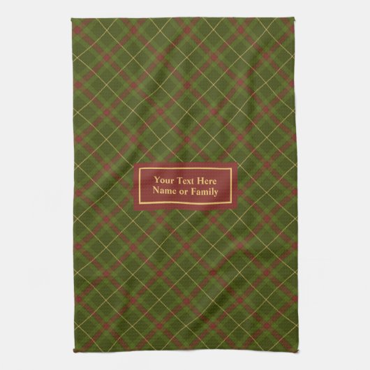 Rustic Olive Green Fall Tartan Towel Custom Name キッチンタオル (縦)