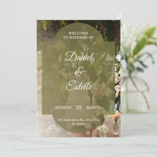Rustic Olive Green Floral Photo Wedding Invitation 招待状 (スタンド正面)