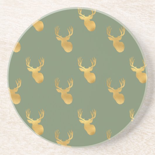 Rustic Olive Green Gold Deer Christmas コースター (正面)
