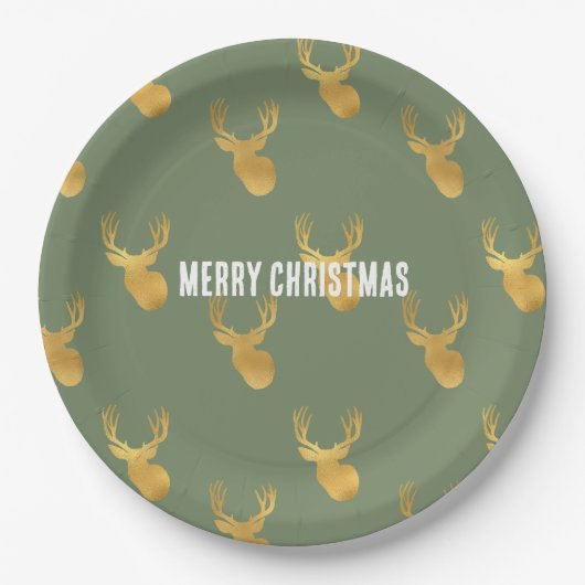 Rustic Olive Green Gold Deer Christmas ペーパープレート (正面)
