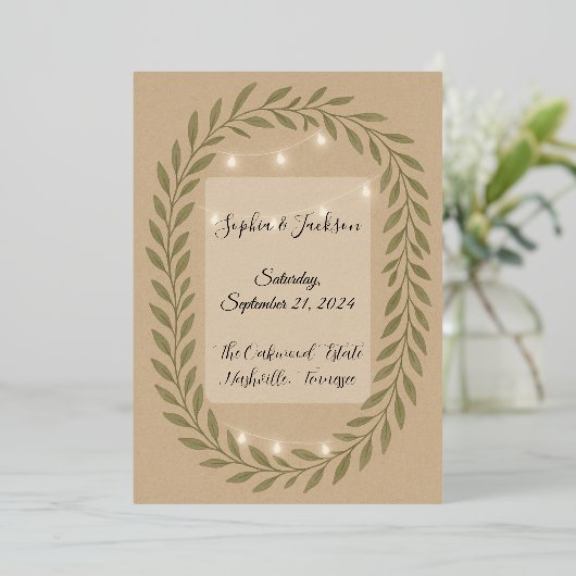 Rustic Olive Green Wedding Invitation with String  箔招待状 (立ち正面)