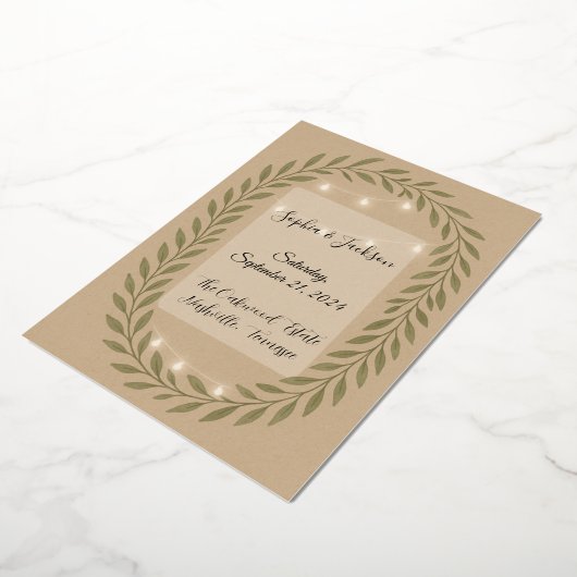 Rustic Olive Green Wedding Invitation with String  箔招待状 (回転した状態)