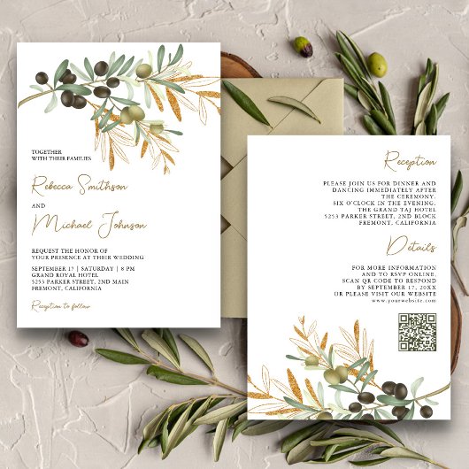 Rustic Olive Leaves オールインワンQRコード ウェディング 招待状