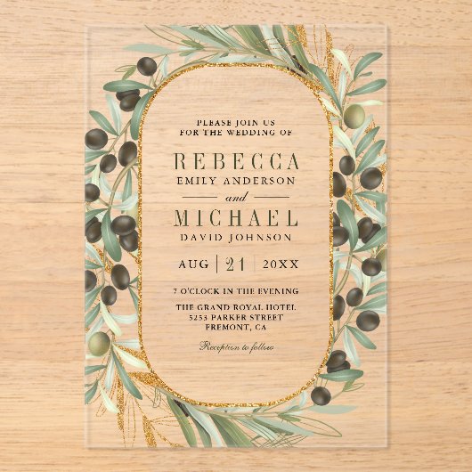 Rustic Olive Leaves Wedding アクリル招待状 (正面)
