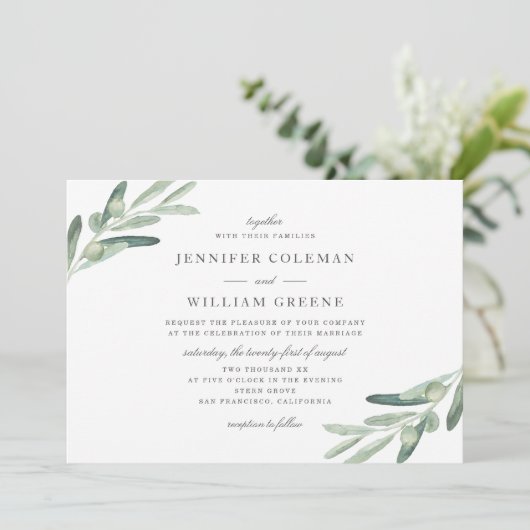 Rustic Olive Tree Watercolor Botanicals Wedding 招待状 (スタンド正面)