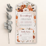 Rustic Orange Boho | Watercolor Blush Wedding オールインワン招待状<br><div class="desc">These beautiful and romantic all-in-one wedding invitations feature trendy boho style and elegant burgundy calligraphy. Rustic bohemian bouquets of orange,  peach,  blush,  and taupe flowers and neutral botanical leaves decorate the corners,  with matching subtle watercolor splashes on a soft blush background.</div>