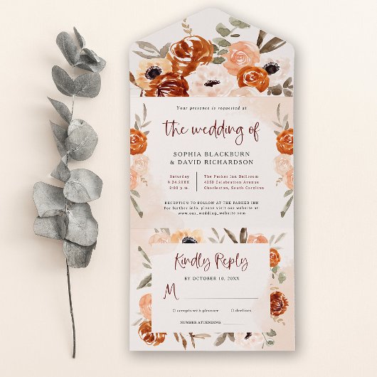 Rustic Orange Boho | Watercolor Blush Wedding オールインワン招待状