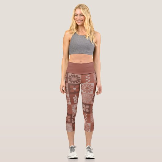 Rustic Orange Brown Burlap Linen Pattern Leggings カプリレギンス (正面)