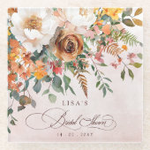 Rustic Orange Floral Fall Bridal Shower  ガラスコースター (正面)