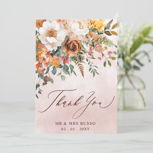 Rustic Orange Floral Fall Wedding  サンキューカード (スタンド正面)