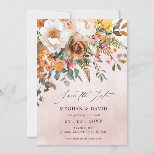 Rustic Orange Floral Fall Wedding セーブザデート (正面)