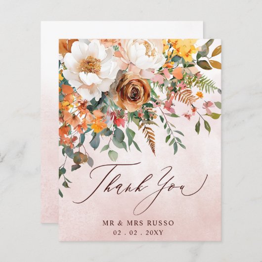 Rustic Orange Floral Fall Wedding Thank You Card (正面/裏面)